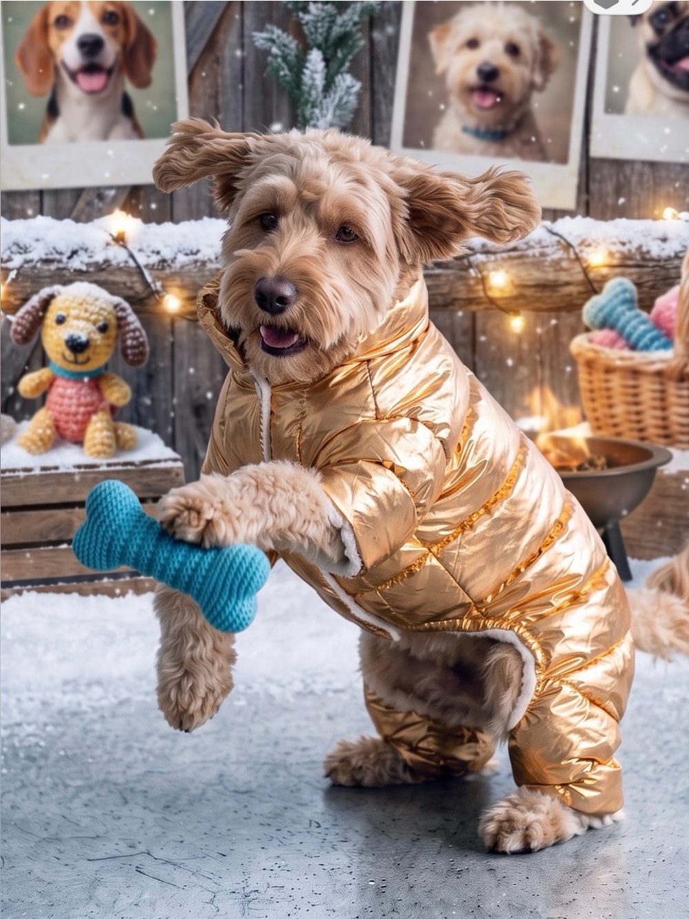 Metallic Gold Puffer Dog Coat with Full-Body Coverage. Size M